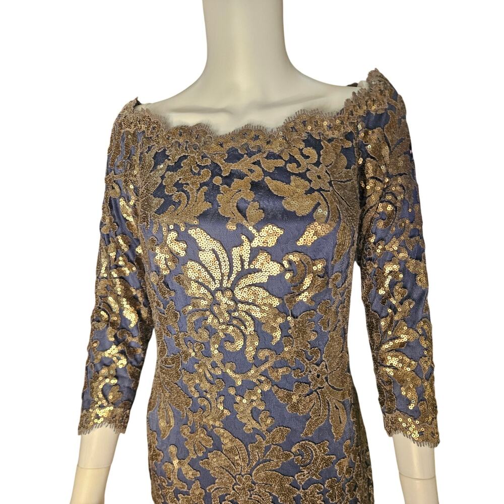 Tadashi Shoji Navy Gold Sequin Maxi Dress Sz6 Metallic Lace Overlay Formal Gown - Picture 3 of 9